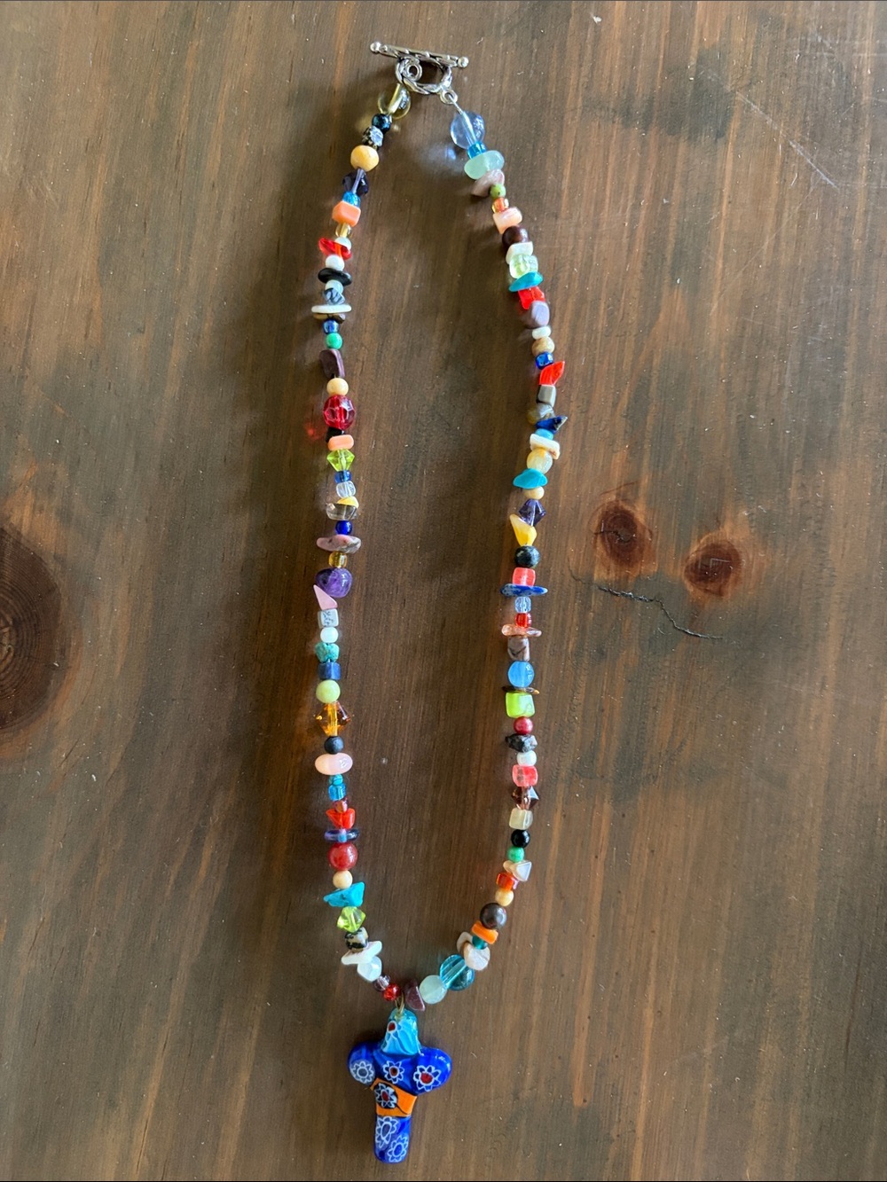 Handmade Multicolor Glass Bead Necklace Blue Millefiori Cross 18”